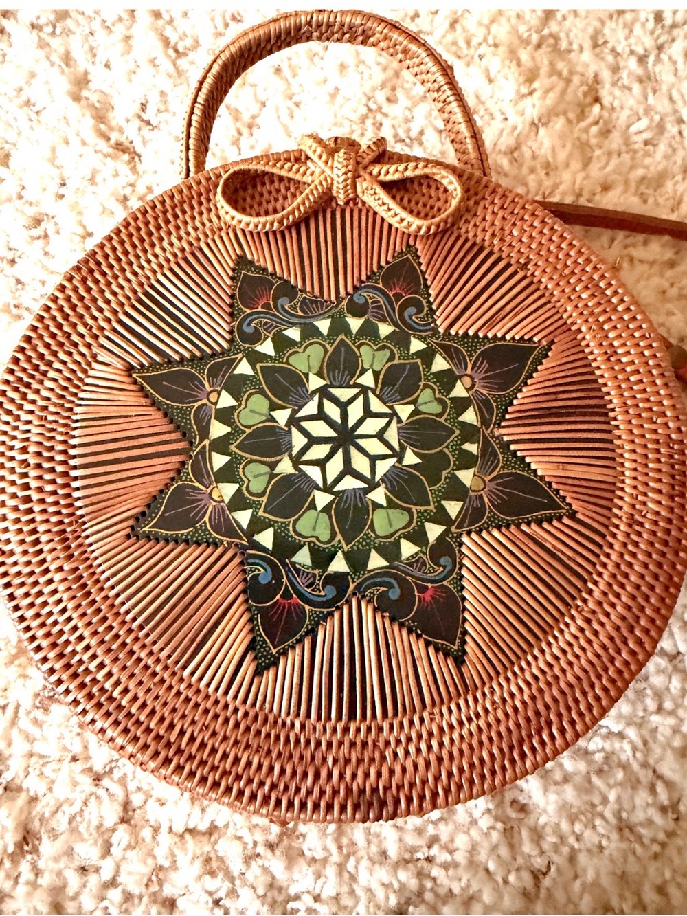Boho Round Woven Crossbody Bag with Green Floral Medallion